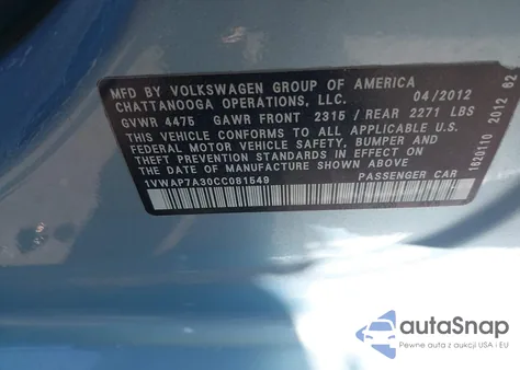 2012 Volkswagen Passat S z USA, uszkodzony, nr VIN 1VWAP7A30CC081549